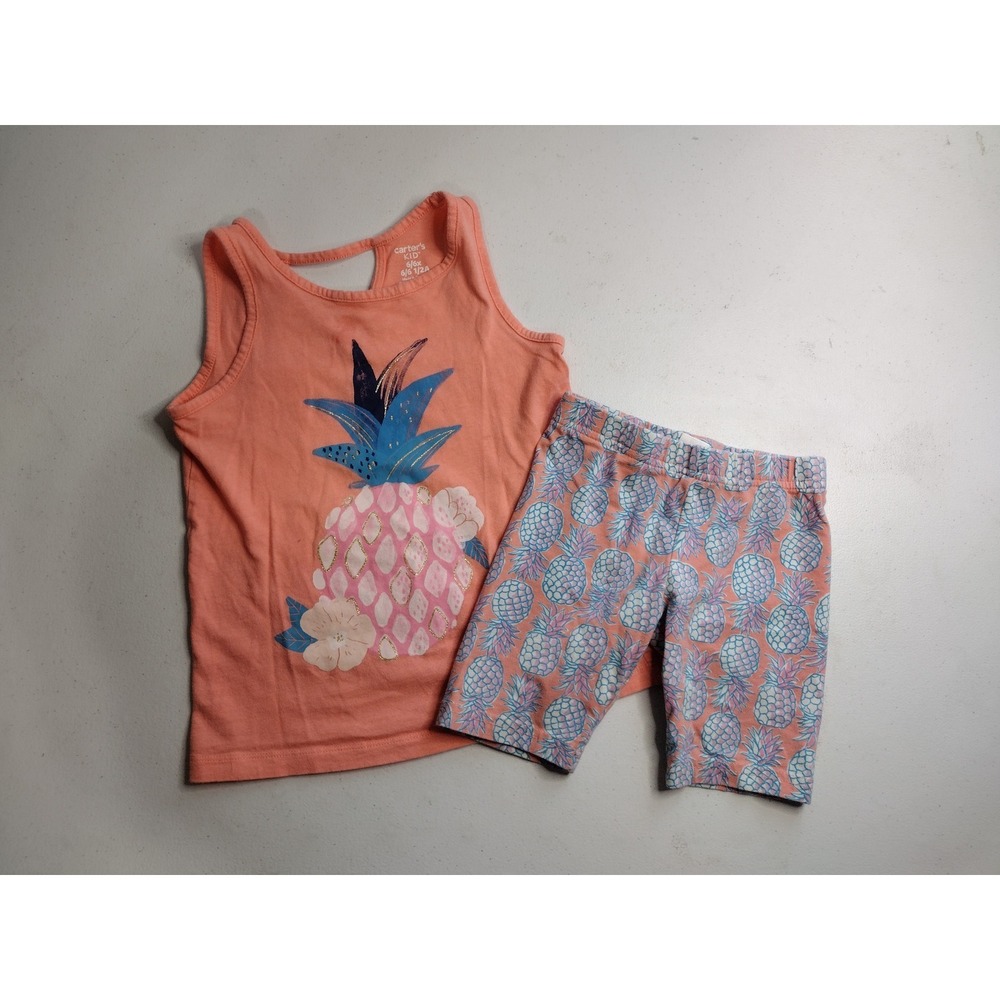 Carters Kid Girls 6 6X Coral Pink Pineapple Tank Top and Bike Shorts 2 Piece Set